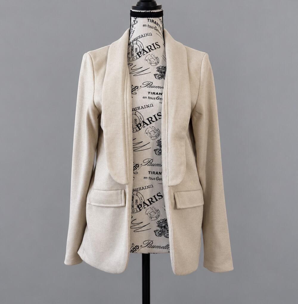 VICI Beige Blazer Women Small Ruched Sleeve Open Front Stretch Career Jacket